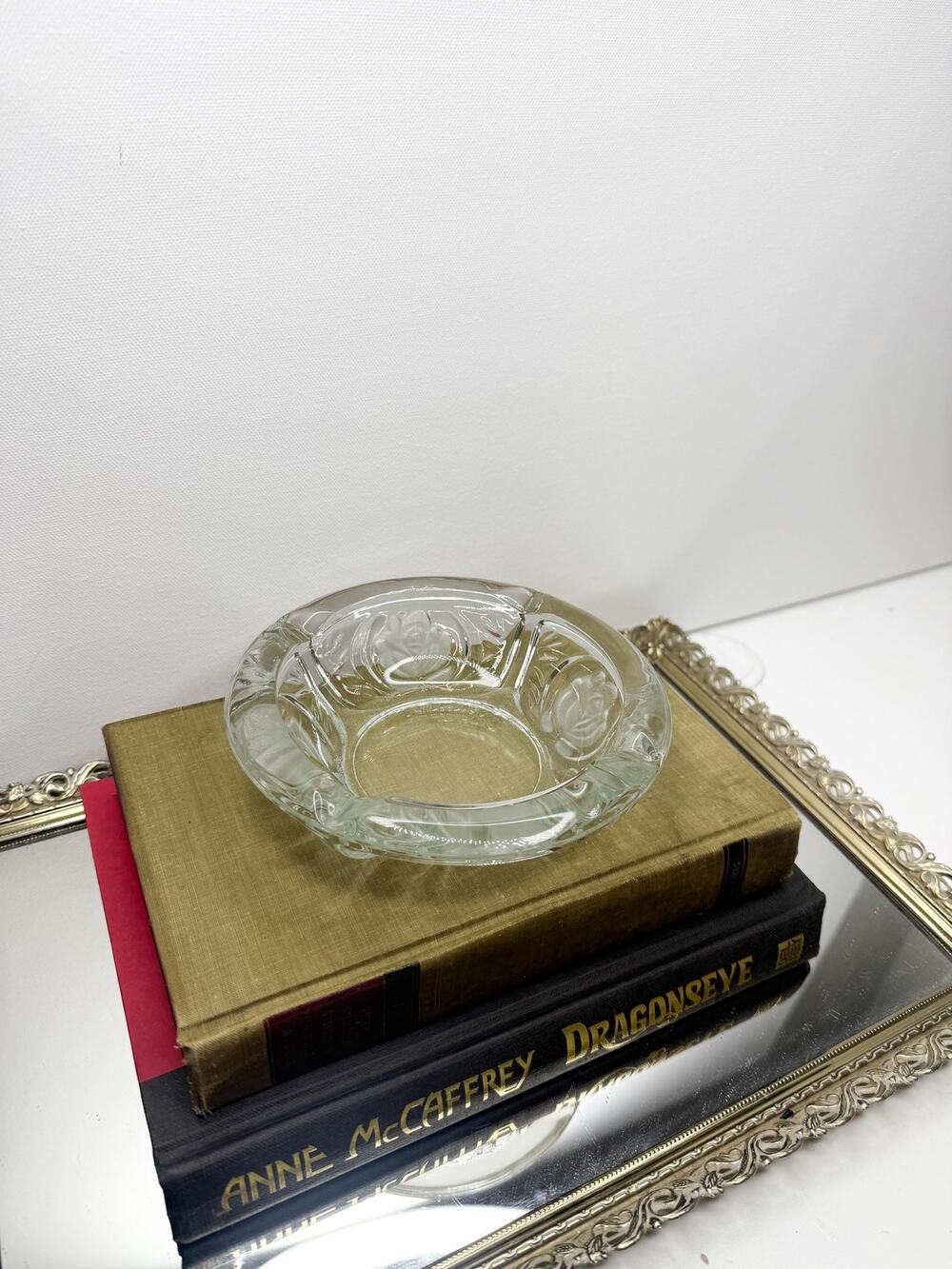Vintage KIG Indonesia Glass Ashtray: Mid-Century Rose Design, 6”